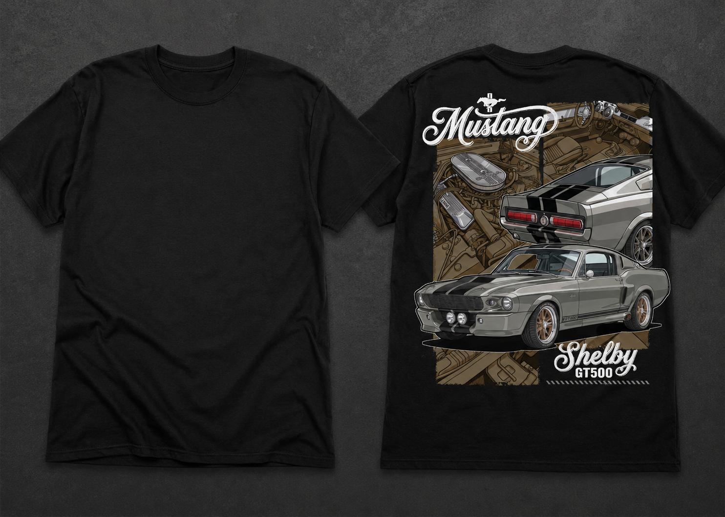 Shelby Mustang GT500 black T-Shirt mockup showing front and back print